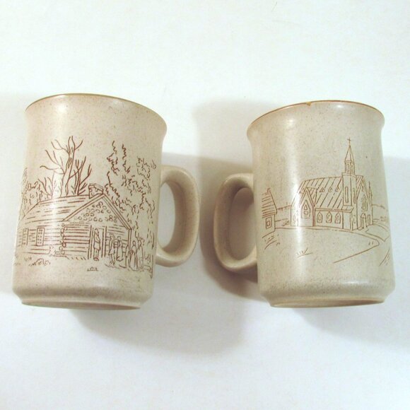Set of 2 Manoir collection coffee mugs, church & cabin, SMALL CHIP - Picture 1 of 5